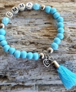 Armband Amber aqua met eigen naam en kwastje