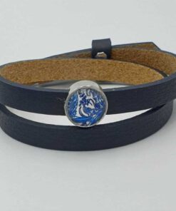 Verstelbare leren dubbele armband met delftsblauwe schuiver