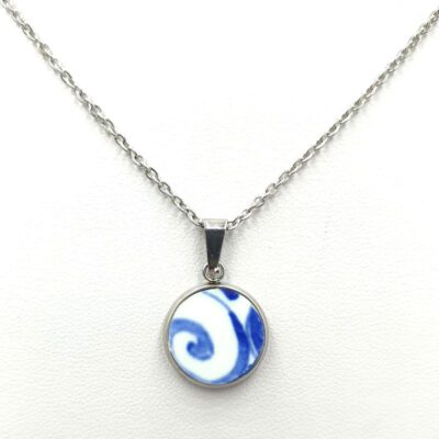 VDBK006 RVS ketting met Delfts blauwe vintage keramieken hanger 12mm
